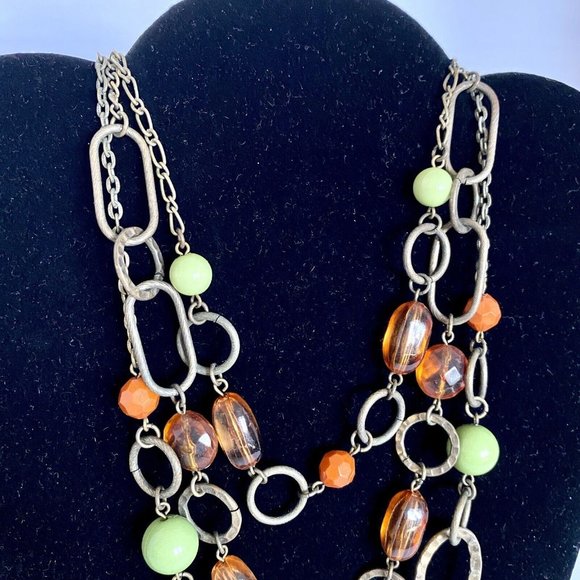 Bohemian Triple-Strand Necklace Green Orange Bronze Adjustable Length 18”-21” - Picture 3 of 6